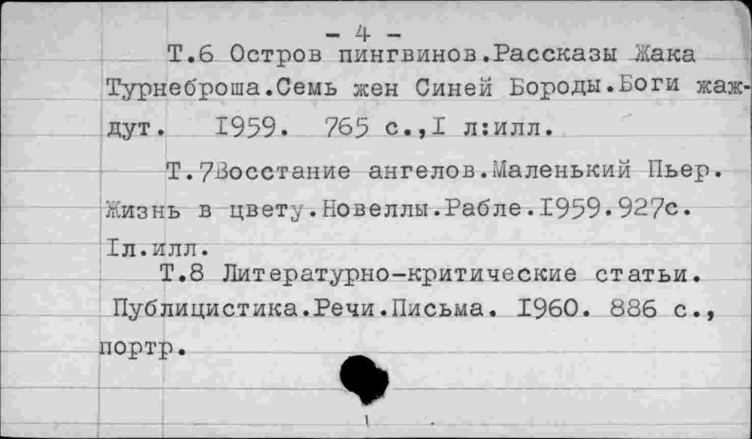 ﻿	- 4 - Т.6 Остров пингвинов.Рассказы-Жака
	Турнеброша.Семь жен Синей Бороды.Боги жаж-
	дут. 1959. 765 с.,1 л:илл.
	Т.73осстание ангелов.Маленький Пьер. Жизнь в цвету.Новеллы.Рабле.1959.927с.
	
	
	1л.ИЛЛ. Т.8 Литературно-критические статьи.
	Публицистика.Речи.Письма. 1960. 886 с.,
	поотп.
	
	